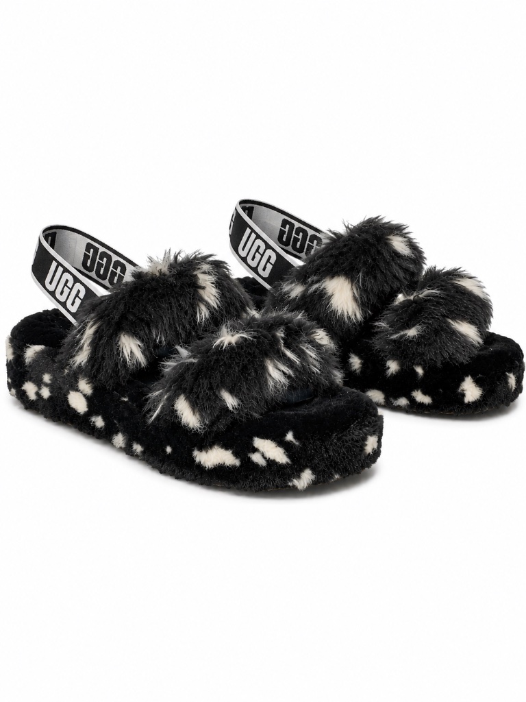 Ugg Oh Yeah Spots Fur Slide Sandals Black White Women’s Size 10